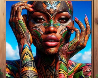 Tatuaż Sztuka na ciele Tatuaż Sztuka Wydruk Dope Wall Art Czarna Kobieta Portret Wydruk Sztuka miejska Pokój w akademiku Sztuka na ścianę Piękno Wydruk Czarna Dziewczyna Dekoracja Prezent