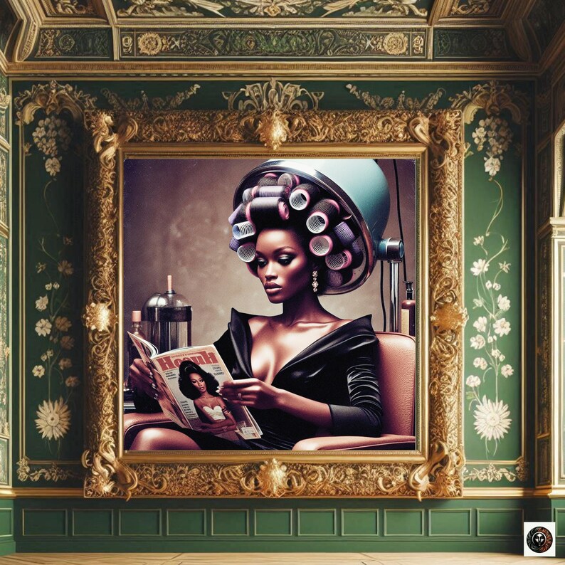 May include: A woman with a large, blue hair dryer on her head, with rollers in her hair, sits in a chair and reads a magazine. The magazine is open to a page with a woman on the cover. The woman in the chair is wearing a black dress.