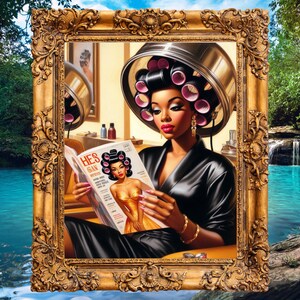 May include: A framed painting of a woman with pink rollers in her hair, wearing a black robe, and reading a magazine called "Hes' San" with a woman in a gold dress on the cover.