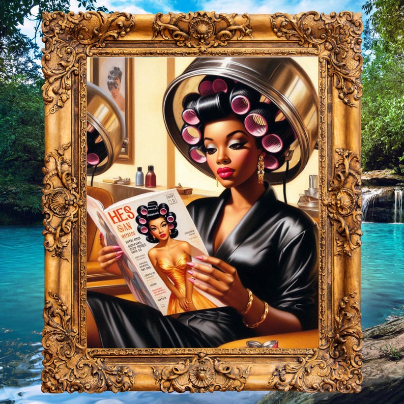 May include: A framed painting of a woman with pink rollers in her hair, wearing a black robe, and reading a magazine called "Hes' San" with a woman in a gold dress on the cover.