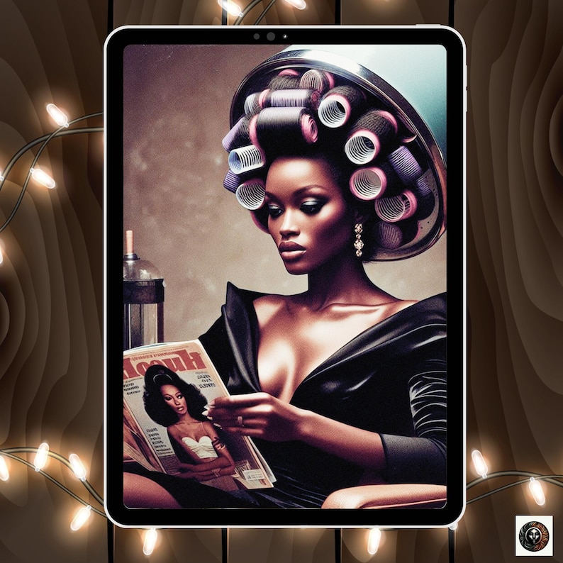 May include: A woman with dark skin is wearing a black dress and has her hair in pink and blue rollers. She is reading a magazine called "Mouth".