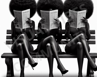 Sztuka czarnych kobiet Kobiety czytające wydruk Afro miłość Czarna kobieta grafika ścienna Afro piękno przyjaźń sztuka BFF miłośnik książek wydruk Ai sztuka oryginalna