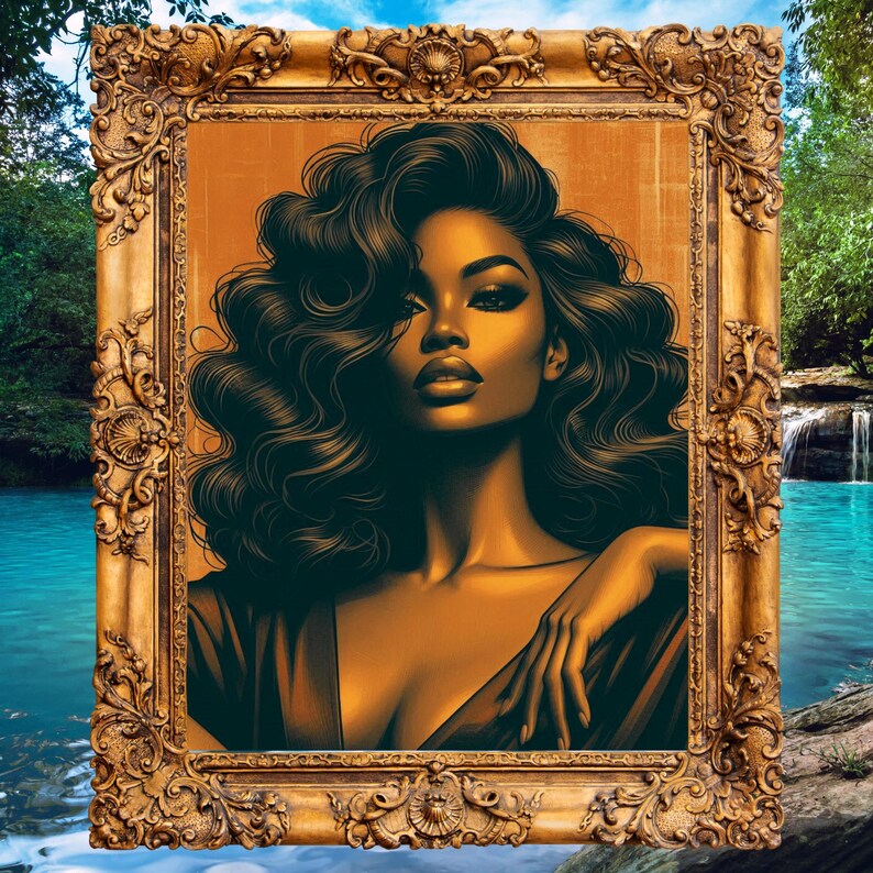 May include: A framed portrait of a woman with long, dark curly hair. She is wearing a gold-toned dress and has a warm, inviting expression. The frame is ornate and gold in color.