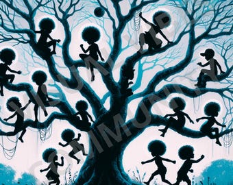 Bambini afroamericani Arte dell'infanzia nera Arte dell'albero della memoria spirituale Arte per bambini neri Illustrazione di bambini neri Opera d'arte dell'eredità nera