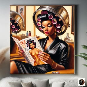 May include: A woman with a black satin robe and pink rollers in her hair sits in a salon chair reading a magazine called "HES SAN HAPPENS".