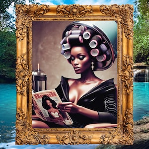 May include: A woman with a black dress and rollers in her hair reads a magazine called "Health". The magazine cover features a woman with long, dark hair. The woman is sitting in front of a blue and white background.