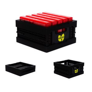 May include: A black plastic folding crate with a Wu-Tang Clan logo and red and black cassette tapes inside.