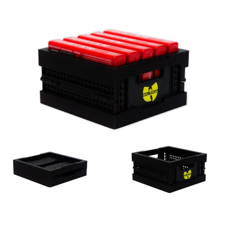 May include: A black plastic folding crate with a Wu-Tang Clan logo and red and black cassette tapes inside.