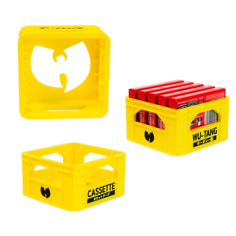 May include: Three yellow plastic crates with the Wu-Tang Clan logo. The crates are labeled "Wu-Tang", "Cassette", and "Cassette".
