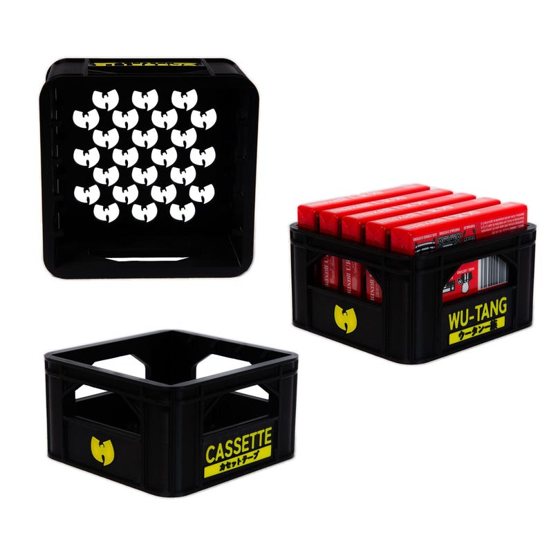 May include: Three black plastic crates with the Wu-Tang Clan logo. The crates are empty and have a yellow label with the words "CASSETTE" and "カセットテープ" on one crate. The other two crates have the words "WU-TANG" and "ウータン" on them.