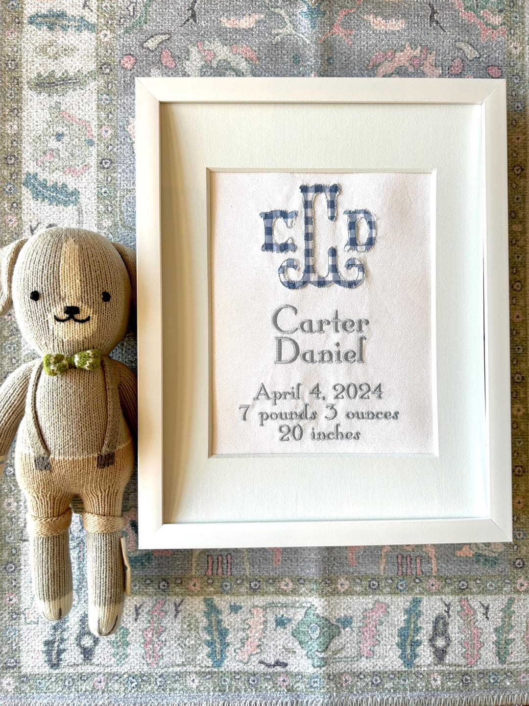 Custom Embroidered Nursery Wall Decor With Blue Gingham Monogram - Etsy