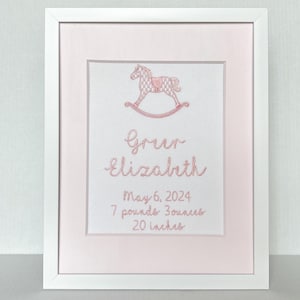 Embroidered Nursery Wall Art | Baby Girl Birth Announcement with Pink Rocking Horse | Custom Decor