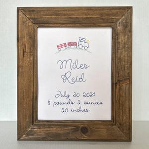 Embroidered Nursery Wall Art | Baby Boy Birth Announcement with Colorful Vintage Train | Custom Decor