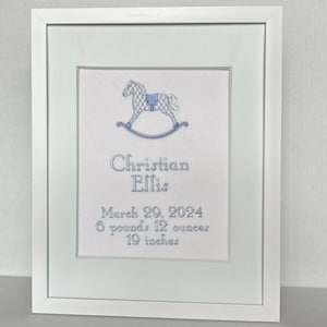 Embroidered Nursery Wall Art | Baby Boy Birth Announcement with Blue Rocking Horse | Custom Decor