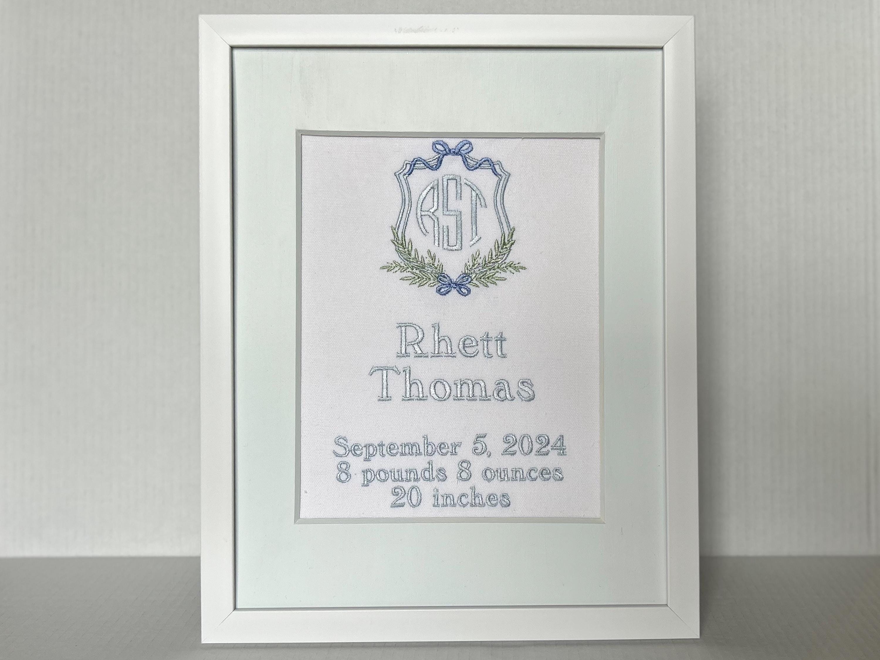Embroidered Nursery Wall Art | Baby Boy Birth Announcement with Monogrammed Crest | Custom Decor
