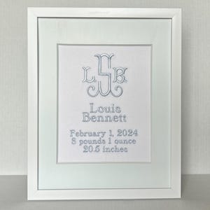 Embroidered Nursery Wall Art | Baby Boy Birth Announcement with Monogram | Custom Decor