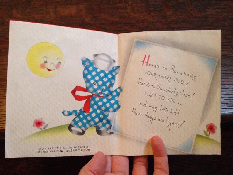Vintage Kitty Cat 4 Year Old Birthday Card with Pin