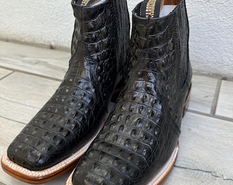 MENS COWBOY Boots Black Crocodile Print genuine leather square toe half boots Chelsea Lomo Nilo Negro