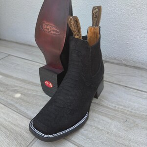 DAMES COWGIRL Laarzen zwart nubuck slangenleer halfhoge laarzen met vierkante neus boutines python Chelsea