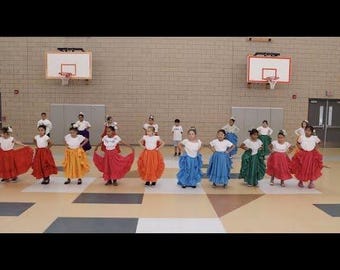 Puede incluir: Niños en un gimnasio, vestidos con trajes de baile tradicionales. Los trajes incluyen tops blancos y faldas vibrantes en rojo, naranja, amarillo, verde y azul. Los niños están alineados.