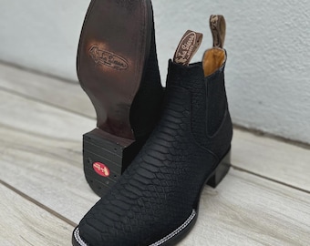 MENS COWBOY Boots black Nubuck snake skin print square toe half boots boutines python Chelsea