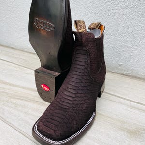 MENS COWBOY Boots Brown Nubuck snake skin print square toe half boots boutines python Chelsea
