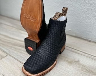 MENS COWBOY Boots black Petatillo Woven genuine leather square toe half boots boutines Chelsea