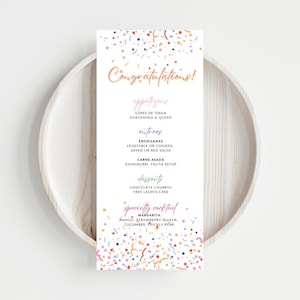 Herzlichen Glückwunsch-Menü Bunte Vorlage Benutzerdefinierte Farbe Party Tisch Dekor Sparkle Menü Karte DIY Druck Abendessen druckbare Karte Let's Celebrate Menu