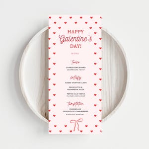 Rosa Herzen Menü Vorlage Galentines Benutzerdefinierte Tischdekoration Niedliche Mädchen-Dinner Galentine's Party Printable Gastronomie Bogen-Menü-Dinner DIY-Liebes-Menü