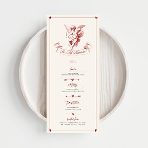 Cupido Menusjabloon Valentijnsdag Feest Aangepast Tafeldecor Afdrukbare Cupido DIY Elegante Valentijnsdag Print Diner Paar Afdrukbare kaart