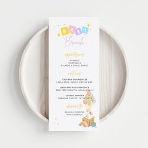 Baby-Menü-Vorlage Baby-Dusche individuelle Gastronomie Karte Gender Reveal Party Printable Speisemenü Restaurant DIY-Menü Einhorn-Baby-Bankett