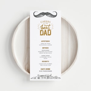 Cheers Dad Menu Template Custom Snor Party Table Decor Vader Verjaardag Menukaart DIY Vaderdag Print Diner voor Hem Afdrukbare kaart