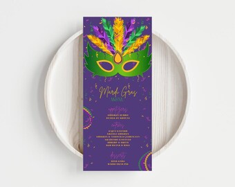 May include: Purple menu card with a gold Mardi Gras menu title and a green, gold, and purple mask with feathers. The menu includes appetizers, entrees, and desserts.