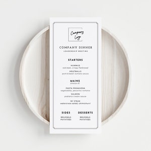Business-Menüvorlage Bearbeitbares Firmenlogo-Menü Bankett Auswahl der Menükarte Ereignis Benutzerdefinierte Gastro-Liste Druckbares Schwarzweiß-Buffet