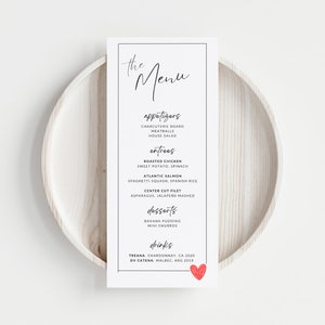Herz Menü Vorlage Benutzerdefinierte Tischdekoration Jubiläum Abendessen Bankett Party Printable Service Menü Abendessen DIY Hochzeit Minimalistisches Menü Elegant