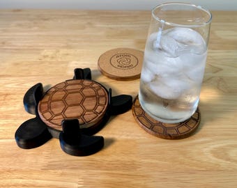 Turtle Coaster Set of 4: Modern Wooden Turtle Shell Engraved Coasters with Sea Turtle Holder