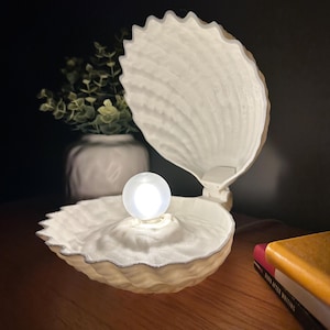 May include: A white seashell-shaped lamp with a glowing orb in the center. The lamp is open, revealing the interior, and sits on a wooden surface. A small vase with greenery is in the background, along with a stack of books.