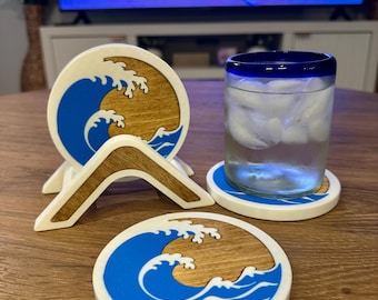 Natural Wave Coaster Set of 4 with Wood Inlay | Coastal Beach House Decor (Stand Included)