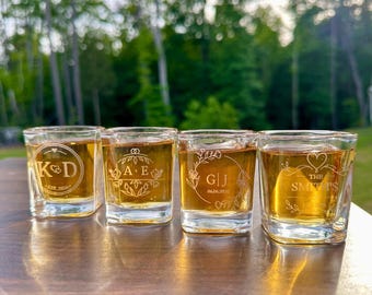 Custom Wedding Shot Glasses | Personalized Shot Glass Favors | Engraved Initials, Names and Date | Bridesmaid & Groomsmen Gifts