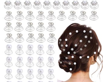 60Stk Strass Kristall Haarnadeln Set - Spirale Perle Blume Twisters für Braut Hochzeit Abschlussball