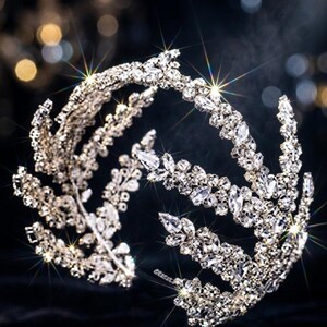 K&ouml;nnte beinhalten: Eine funkelnde silberne Tiara mit einem Blatt- und Blumenmuster. Die Tiara ist mit zahlreichen klaren Kristallen verziert, die das Licht reflektieren. Das Design weist mehrere B&auml;nder und eine geschwungene Form auf, ideal f&uuml;r besondere Anl&auml;sse.