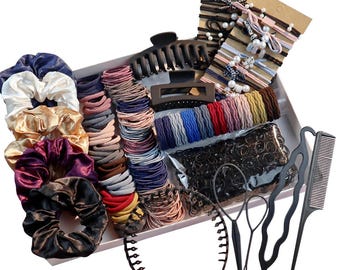 Conjunto de 1149 peças de acessórios para cabelo feminino – scrunchies, prendedores de rabo de cavalo e tiaras (multicolorido escuro)
