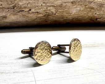 Small Hammered Raw Brass Cufflinks with Choice of Hand Stamped Box. Minimalist, Rustic Style. Gifts for Him, Groom, Groomsmen, Wedding.