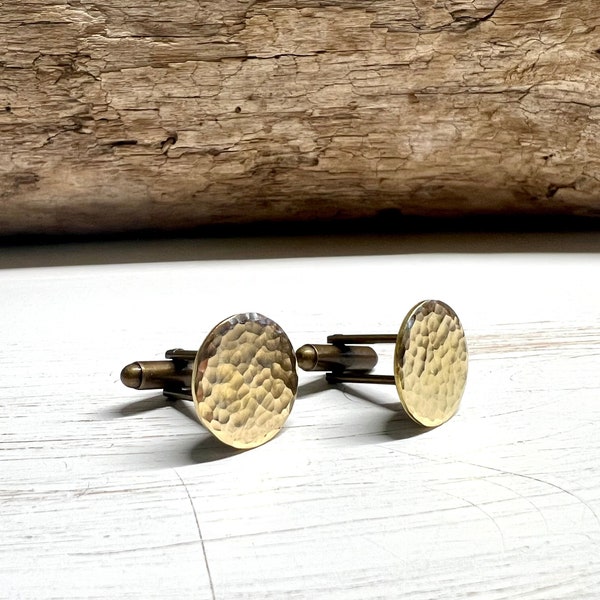 Small Hammered Raw Brass Cufflinks with Choice of Hand Stamped Box. Minimalist, Rustic Style. Gifts for Him, Groom, Groomsmen, Wedding.