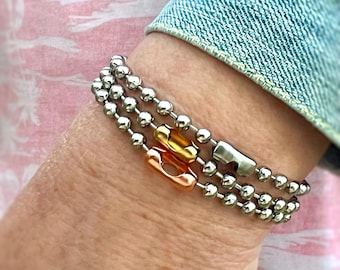 Mixed Metals Stainless Steel Ball Chain Bracelet. Chunky 4.5mm Ball & Choice of Clasp in Steel, Brass, or Copper. Made to Order.