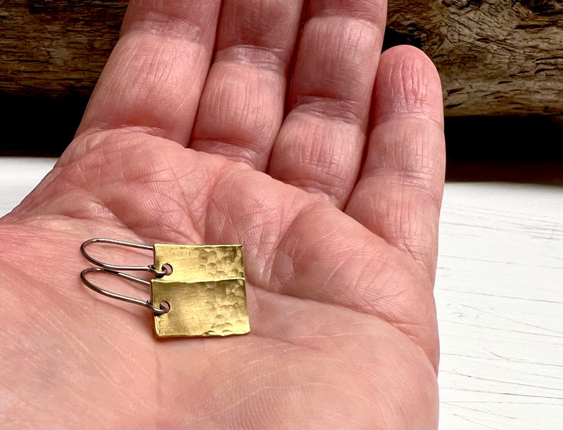 Made and Ready to Ship Little Lightly Hammered Brass Earrings with Stainless Steel Earwires. Small, Lightweight, Minimalist Earrings. image 6