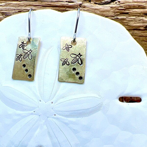 Hand Stamped & Textured Bee Earrings. Stainless Steel Earwires. Nature, Bees, Pollinators, Flowers, Garden Lovers Earrings!