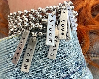 Chunky Rectangle Tag Word Charm & Stainless Steel Ball Chain Bracelet. Hand Stamped Removable Charm. Custom Length. Stacking Bracelet!