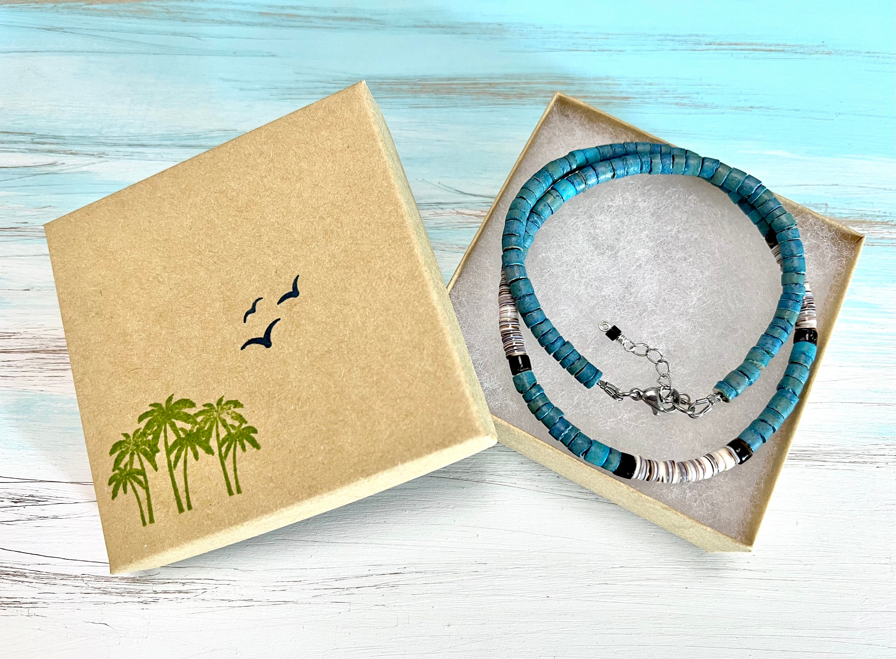 Surfer Shell Chain Shell Heishi Surfer Necklace in Aqua, Whites and Browns. Custom Length ...