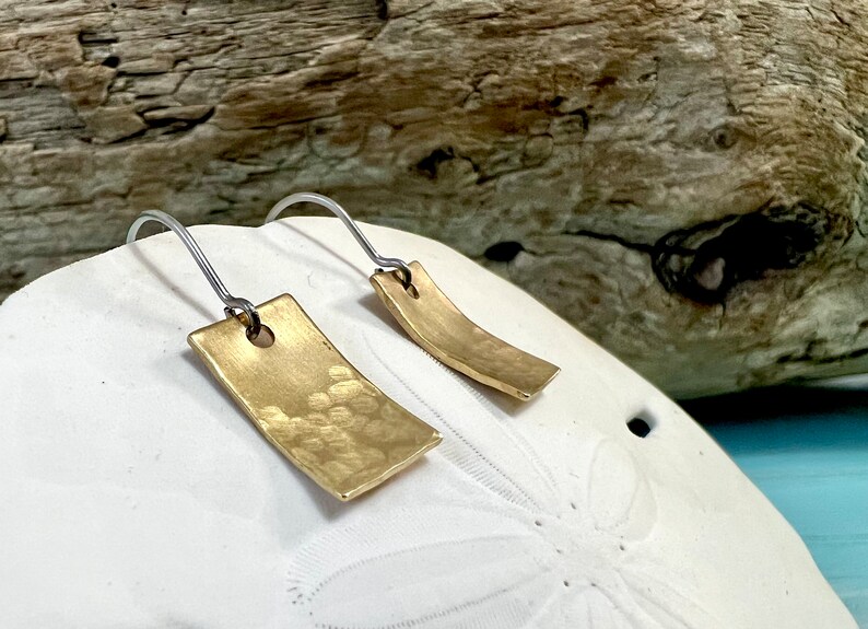 Made and Ready to Ship Little Lightly Hammered Brass Earrings with Stainless Steel Earwires. Small, Lightweight, Minimalist Earrings. image 3